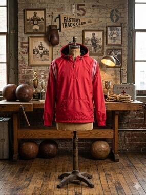 VTG Eastbay Fleece Lined Anorak Windbreaker Red White Stripe XL